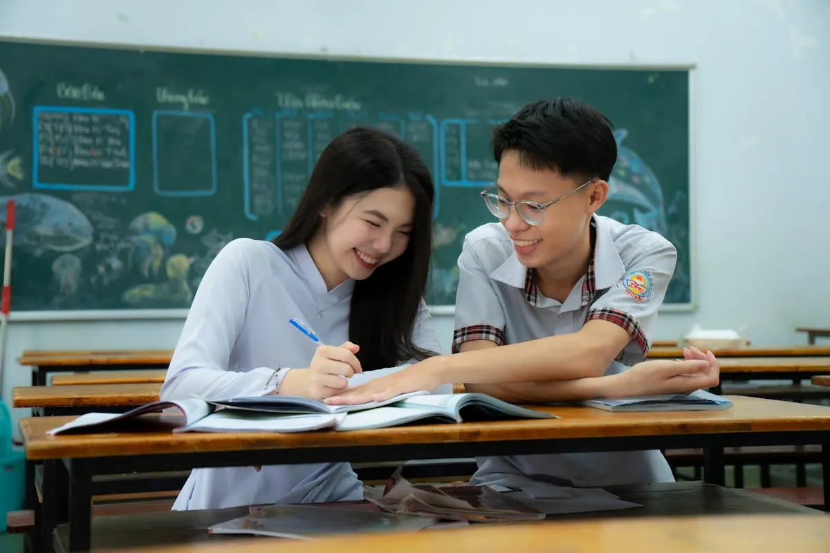 Students studying in a bright classroom environment